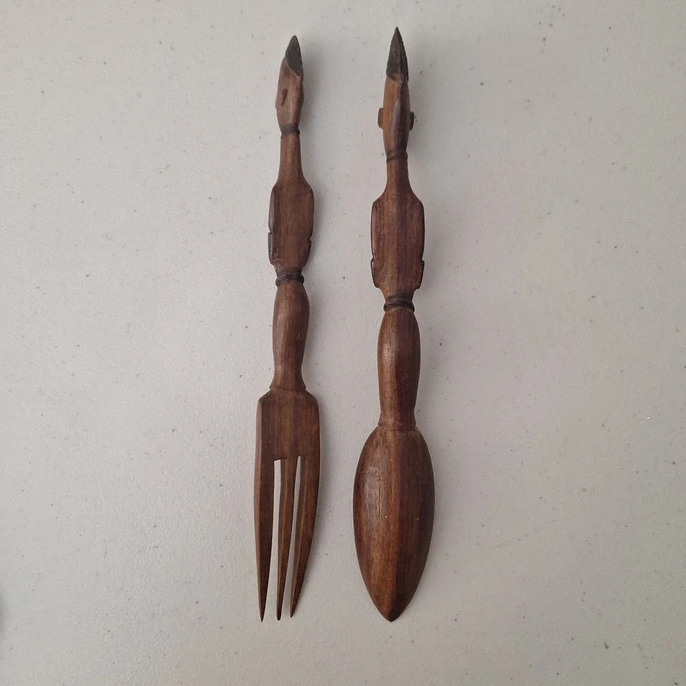 Vintage African Hand Carved Wooden Tribal Man and Woman Servers Utensils 10